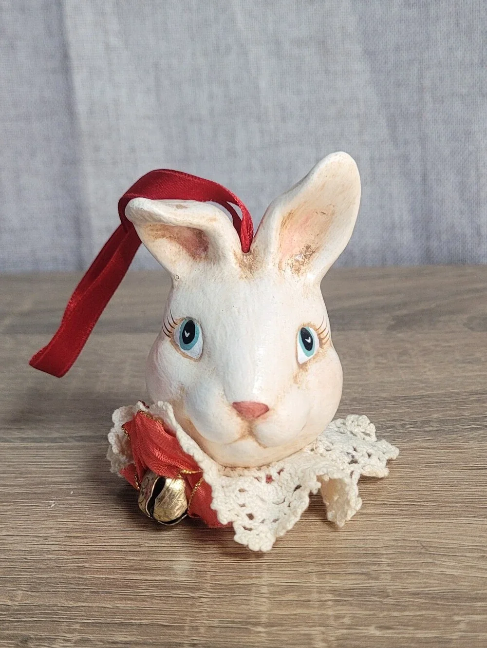 Vintage Whimsical Hand-Painted Bunny Rabbit Ornament W/ Lace Collar Farmhouse